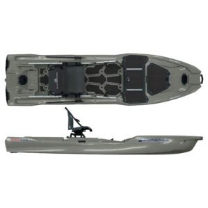 Top and side view of the Bonafide XTR130 fishing kayak in top gun grey color. Available at Riverbound Sports in Tempe, Arizona.