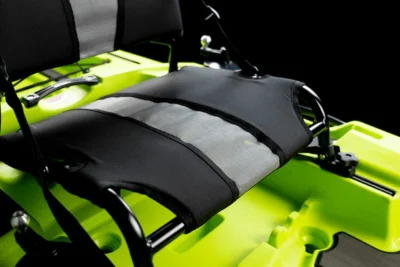 Green kayak with black seat detail