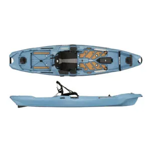 Split view of Bonafide RVR119 fishing kayak in teel color at Riverbound Sports in Tempe, Arizona.