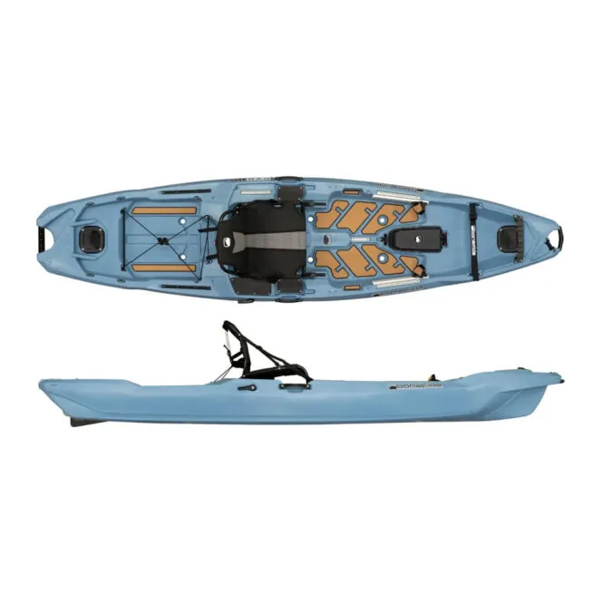 Split view of Bonafide RVR119 fishing kayak in teel color at Riverbound Sports in Tempe, Arizona.