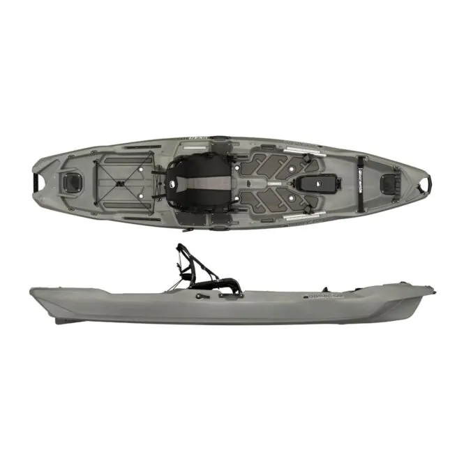 Split view of Bonafide RVR119 fishing kayak in top gun grey color at Riverbound Sports in Tempe, Arizona.