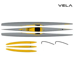 The Kai Wa'a Vela outrigger canoe in grey and yellow multi split view at Riverbound Sports.