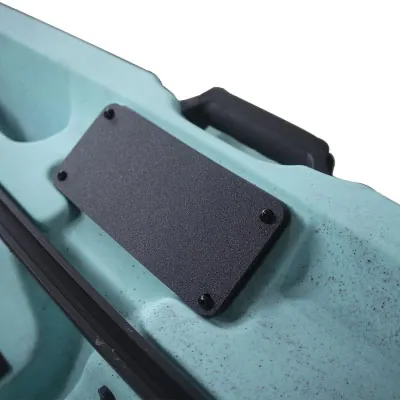 Close-up of blue power tool casing detail.