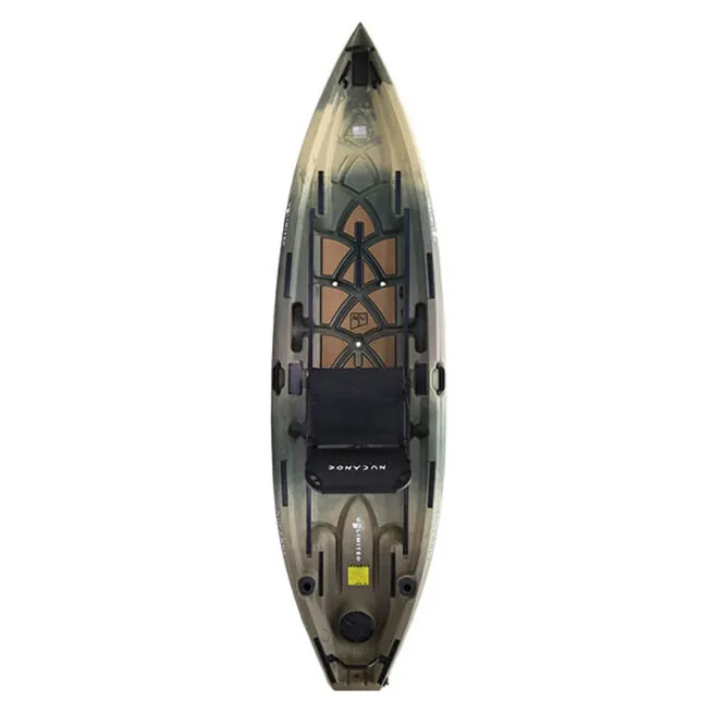 Overhead view of the NuCanoe Unlimited fishing kayak kayak in army camo color.