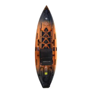 Overhead view of the NuCanoe Unlimited fishing kayak kayak in hazard color.