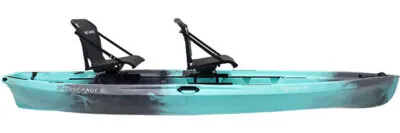 Teal fishing kayak with pedal drive system isolated