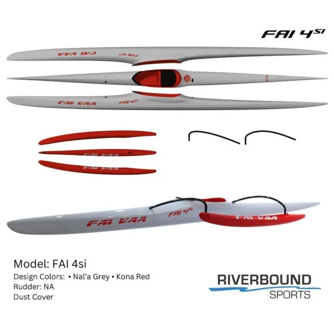 FAI 4si kayak in grey and red, exploded view at Riverbound Sports.