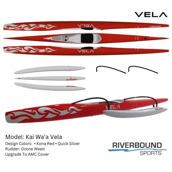 Red and silver Kai Wa'a Vela kayak with tribal design. Riverbound Sports