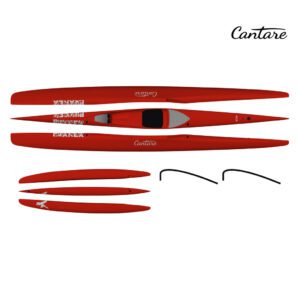 Exploded view of red Puakea Cantare outrigger canoe in multi view image at Riverbound Sports.