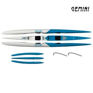 Blue and white Gemini kayak on white legend. Available at Riverbound Sports.