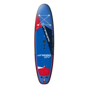 Red and blue Starboard 4-in-1, windsurf, stand-up paddleboard isolated on white.