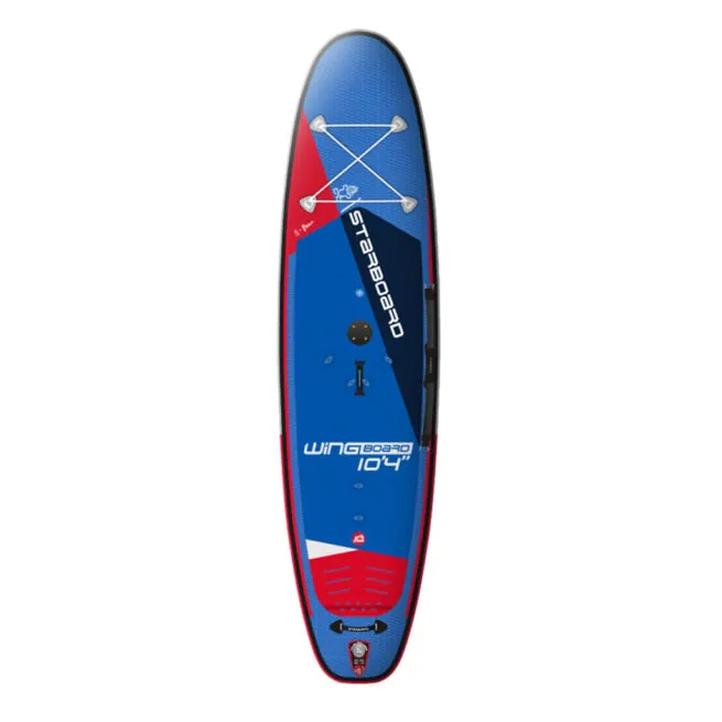 Red and blue Starboard 4-in-1, windsurf, stand-up paddleboard isolated on white.