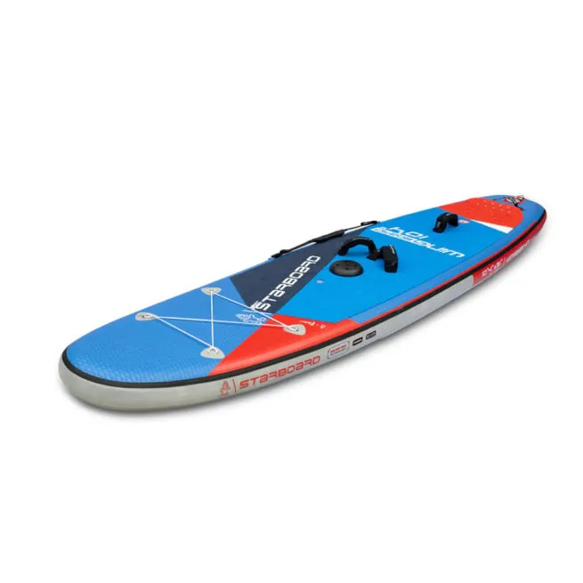 Colorful inflatable stand-up paddleboard on white background