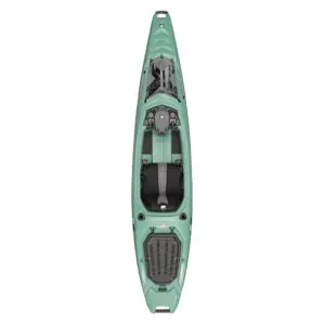 Green color Bonafide EX123 fishing and expedition kayak with equipped storage compartments. Available at Riverbound Sports in Tempe, Arizona.