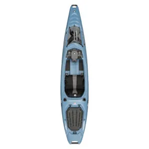 Steel color Bonafide EX123 fishing and expedition kayak with equipped storage compartments. Available at Riverbound Sports in Tempe, Arizona.