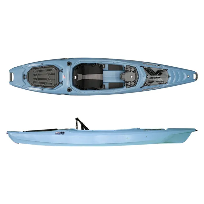 Steel color Bonafide EX123 fishing and expedition kayak with equipped storage compartments. Available at Riverbound Sports in Tempe, Arizona.