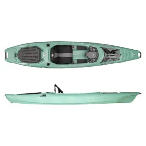 Green color Bonafide EX123 fishing and expedition kayak with equipped storage compartments. Available at Riverbound Sports in Tempe, Arizona.