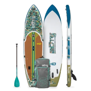 Three sections of Bote HD stand-up paddleboards with accessories at Riverbound Sports.