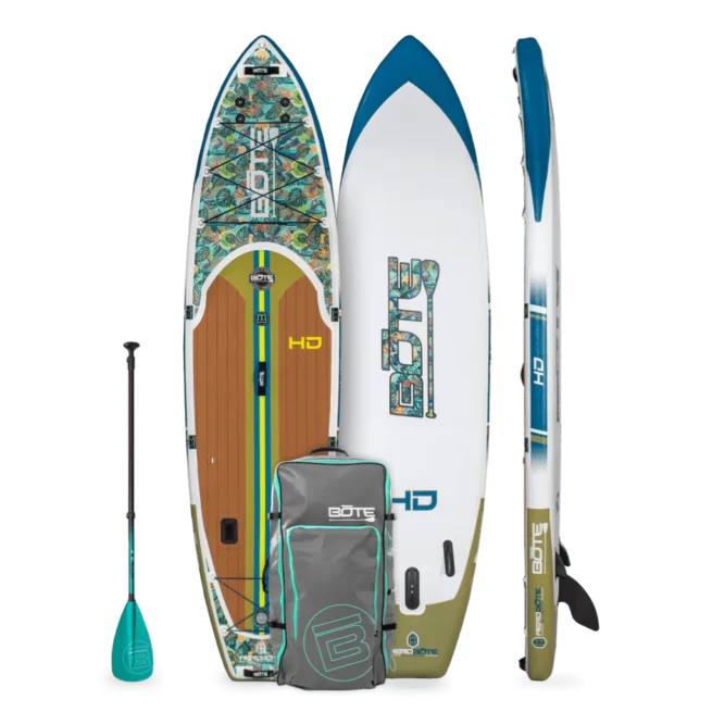 Three sections of Bote HD stand-up paddleboards with accessories at Riverbound Sports.