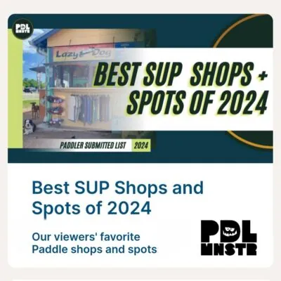 2024 Best SUP Shops promotional graphic with dog