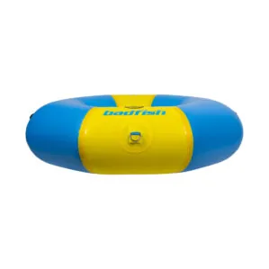 Blue and yellow Badfish branded river float tube at Riverbound Sports