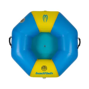 Blue and yellow Badfish branded river float tube at Riverbound Sports