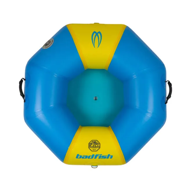 Blue and yellow Badfish branded river float tube at Riverbound Sports