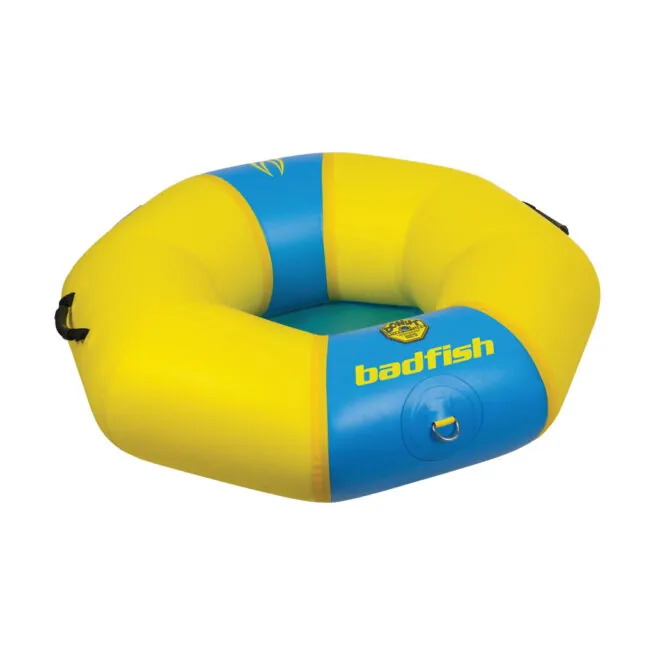 Yellow and blue Badfish branded river tube at Riverbound Sports