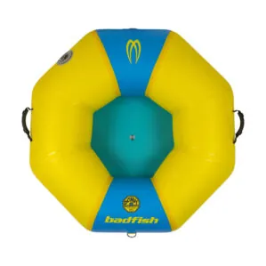 Yellow and blue inflatable river tube