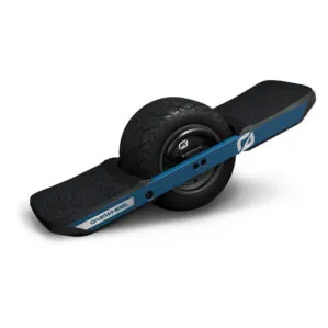 Blue single-wheeled electric skateboard on white background