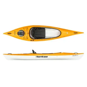 Top and side views of mango & white Hurricane Santee 116 Sport kayak at Riverbound Sports