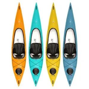 Colorful kayaks in a row, viewed from above.