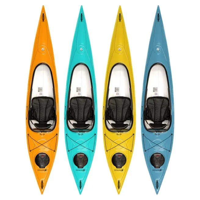 Colorful kayaks in a row, viewed from above.