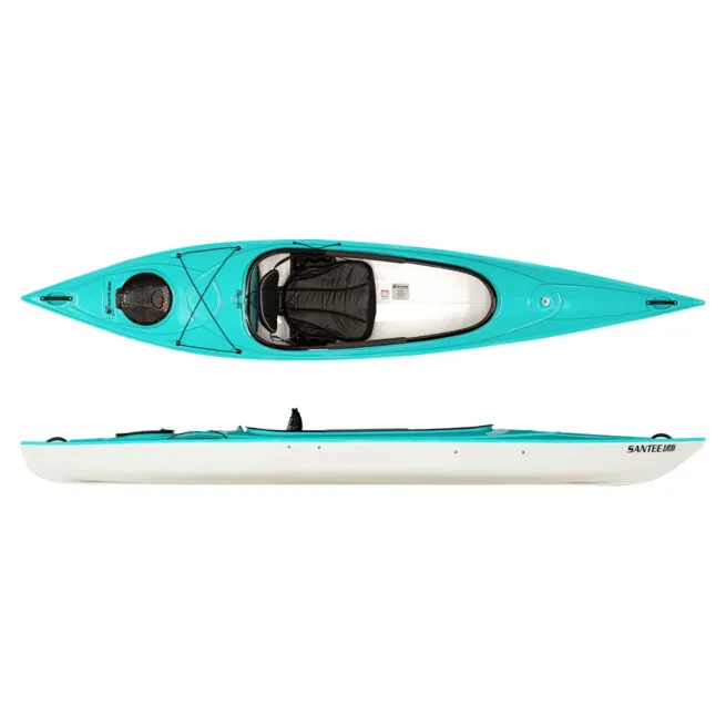 Top and side views of aqua & white Hurricane Santee 126 Sport kayak at Riverbound Sports