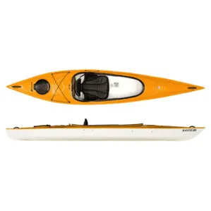 Top and side views of mango & white Hurricane Santee 126 Sport kayak at Riverbound Sports