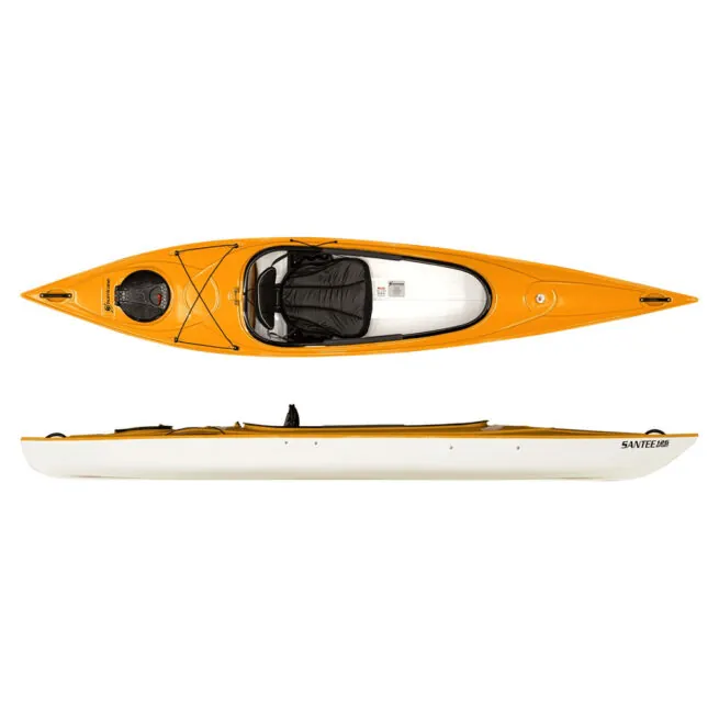 Top and side views of mango & white Hurricane Santee 126 Sport kayak at Riverbound Sports