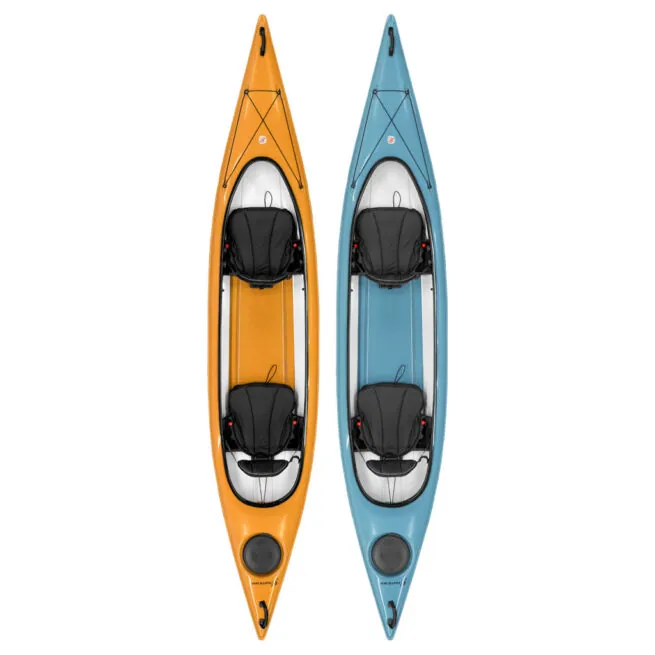 Mango and slate blue tandem kayak by Hurricane Kayaks at Riverbound Sports