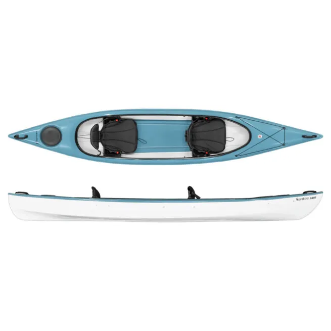 Slate blue tandem kayak by Hurricane Kayak'sside and top image at Riverbound Sports