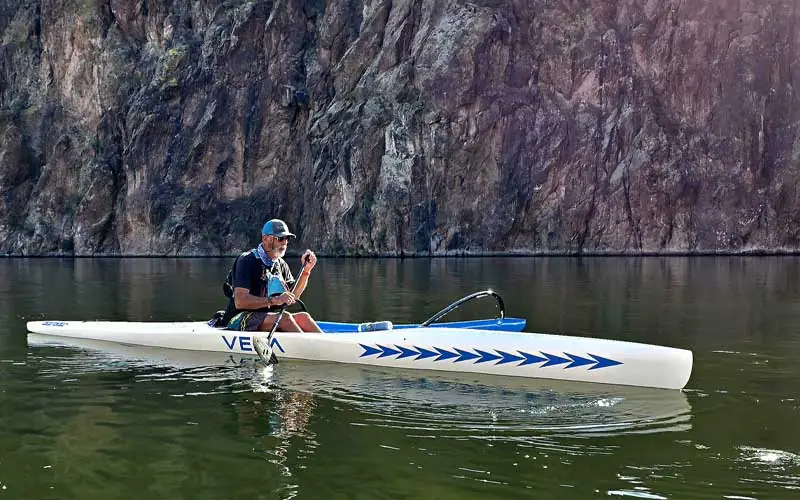 Paddling the Kai Wa'a Vela on Saguaro Lake in Arizona. Riverbound Sports Ozone Outrigger