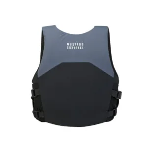 Mustang Survival gray life vest isolated on white background. POD 50 at Riverbound Sports