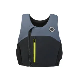 Gray and black Mustang Pod 50 life jacket with yellow zipper at Riverbound Sports