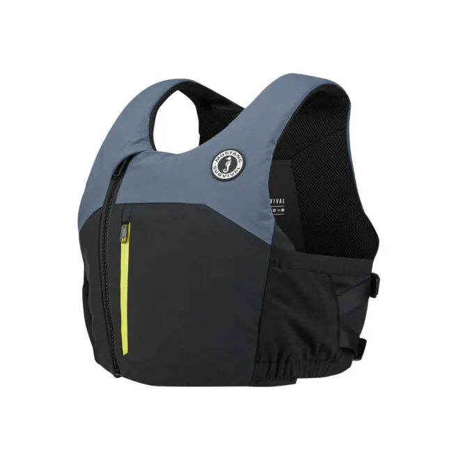 Gray and black modern life jacket with yellow zipper Mustang POD 50 at Riverbound Sports