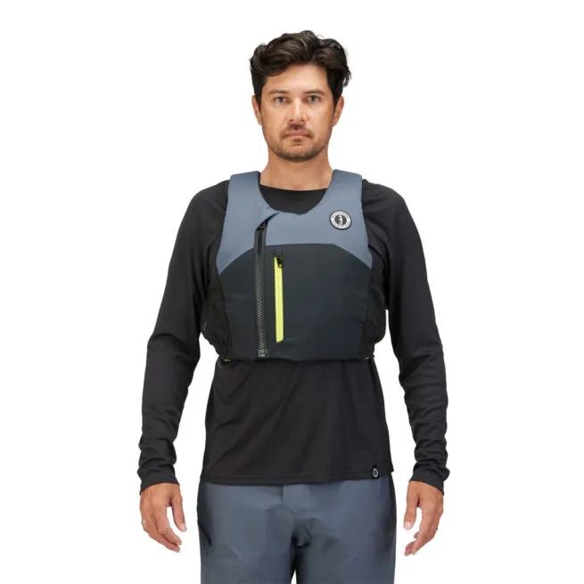 Man wearing modern Mustang POD 50 PFD outdoor sports vest at Riverbound Sports