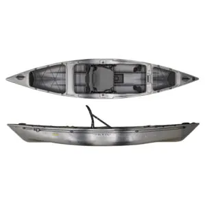 Gray goose Native Ultimate FX 12 kayak viewed from top and side at Riverbound Sports.